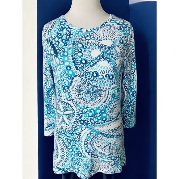 Cape Madras Womens Quarter Sleeve Stretch Blue White Patterned Tunic Top Small - Picture 2 of 8